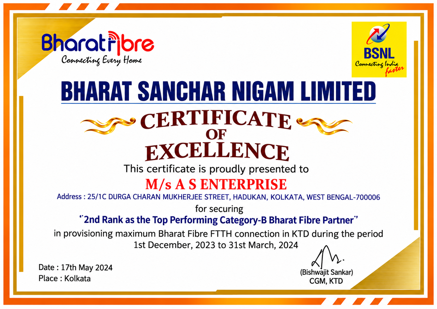 Certificate of Excellence presented to M/s A S Enterprise
